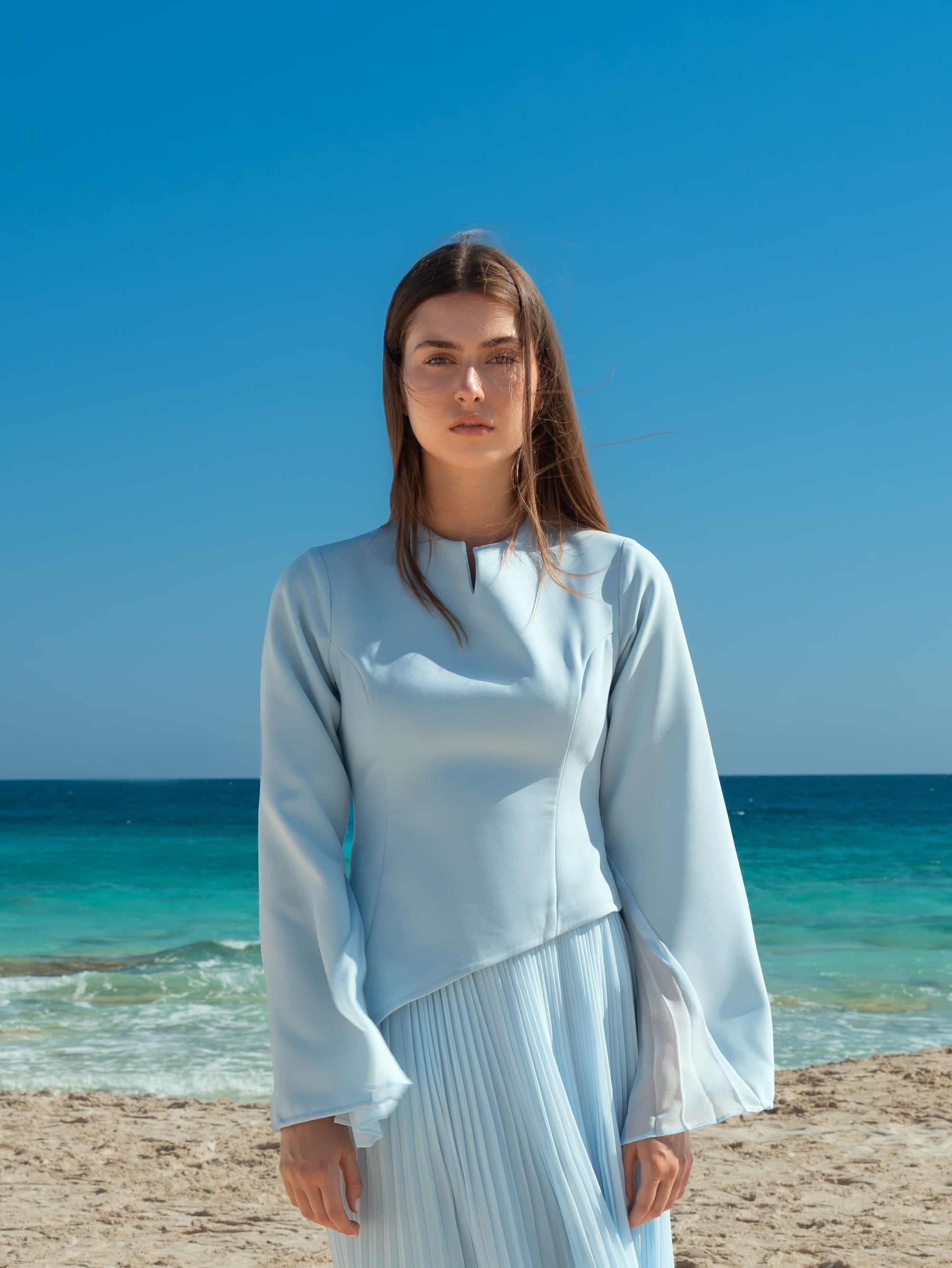 The Pleated Asymmetrical Dress - Sky Blue