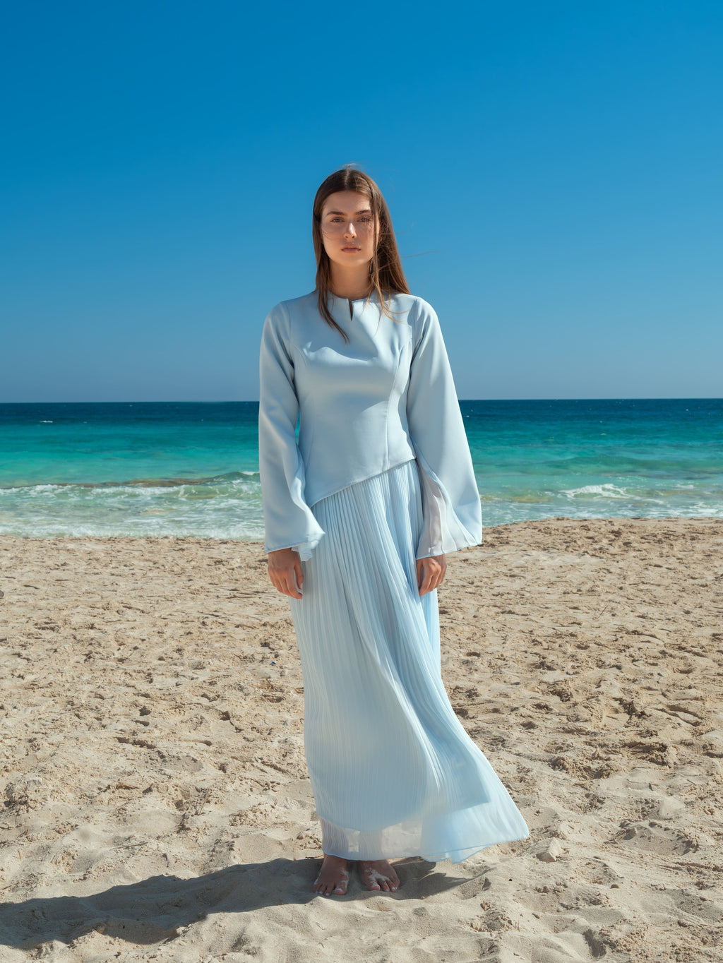 The Pleated Asymmetrical Dress - Sky Blue